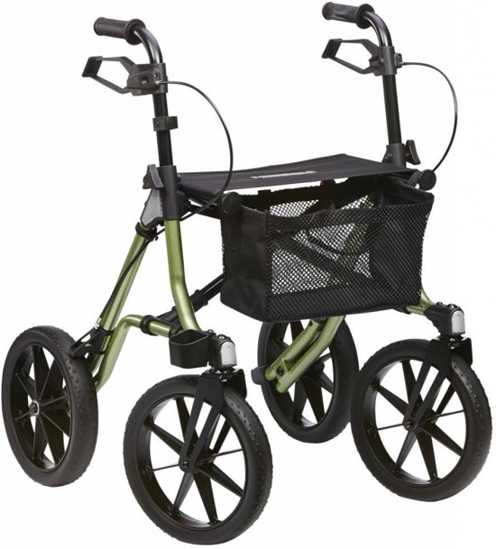 Groene rollator met vier wielen en een mand