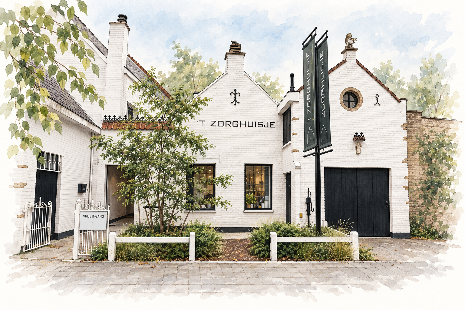 Aquarel van de witte gevel van ’t Zorghuisje in Lo-Reninge